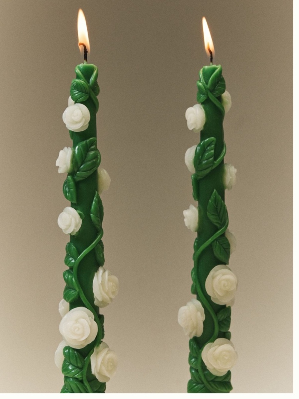 Anthropologie Rose Vine Taper Candles Set of 2 Green White Floral NIB